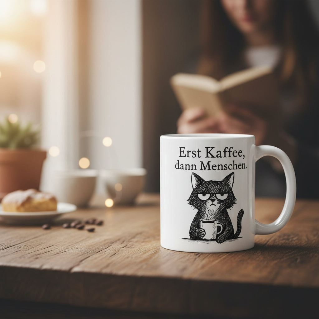 Erst Kaffee dann Menschen – Lustiger Katzen Spruch für Morgenmuffel - Tassencat
