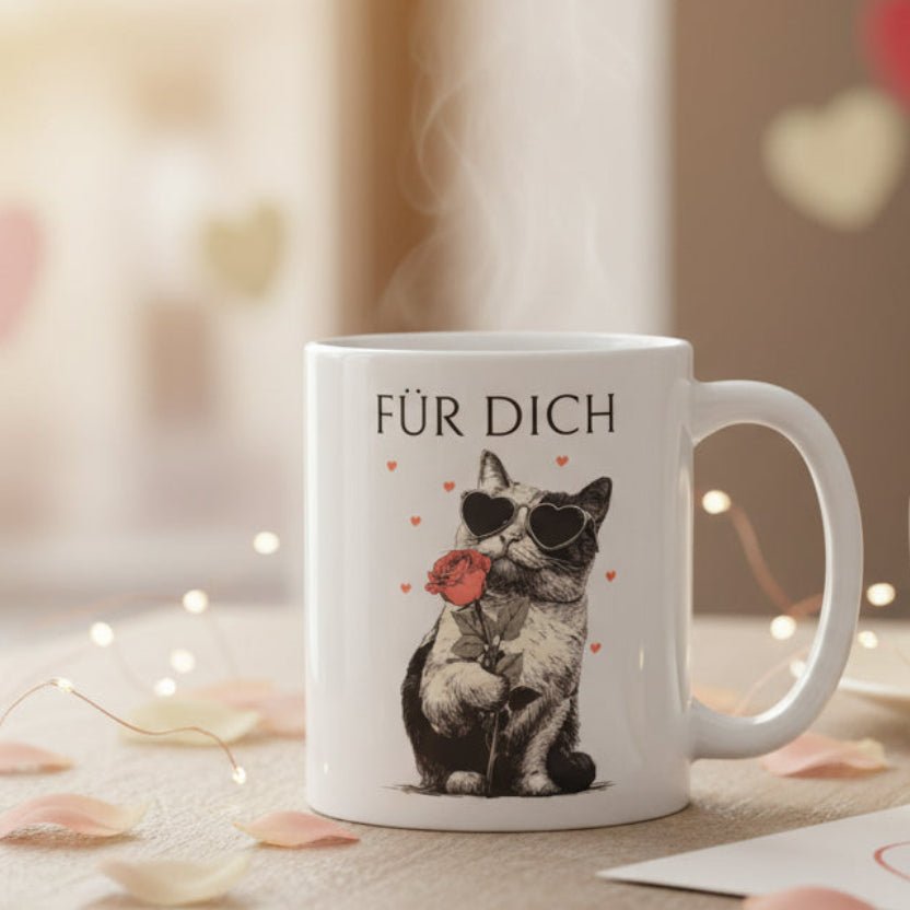 Für dich – süße Katze mit Herzbrille und Rose, romantisches Motiv als Geschenk für Partner, Freundin, Freund & Lieblingsmensch - Tassencat