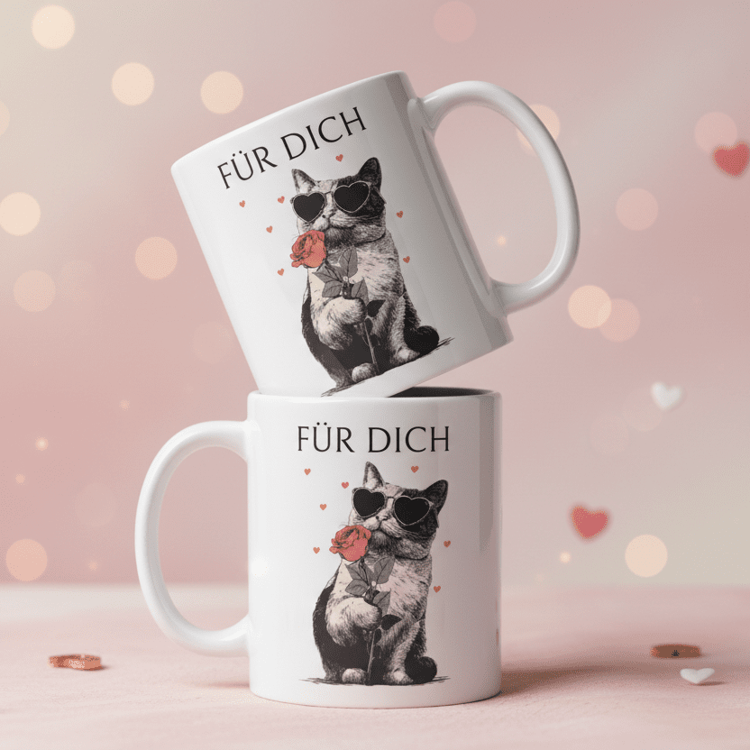 Für dich – süße Katze mit Herzbrille und Rose, romantisches Motiv als Geschenk für Partner, Freundin, Freund & Lieblingsmensch - Tassencat