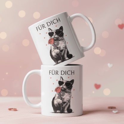 Für dich – süße Katze mit Herzbrille und Rose, romantisches Motiv als Geschenk für Partner, Freundin, Freund & Lieblingsmensch - Tassencat