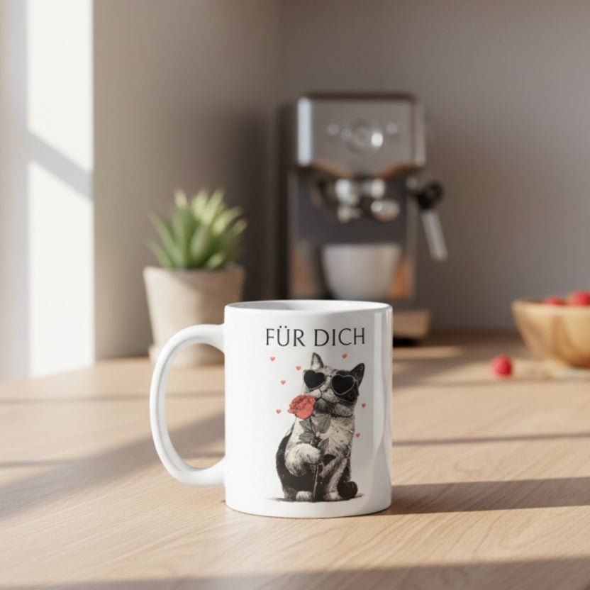 Für dich – süße Katze mit Herzbrille und Rose, romantisches Motiv als Geschenk für Partner, Freundin, Freund & Lieblingsmensch - Tassencat