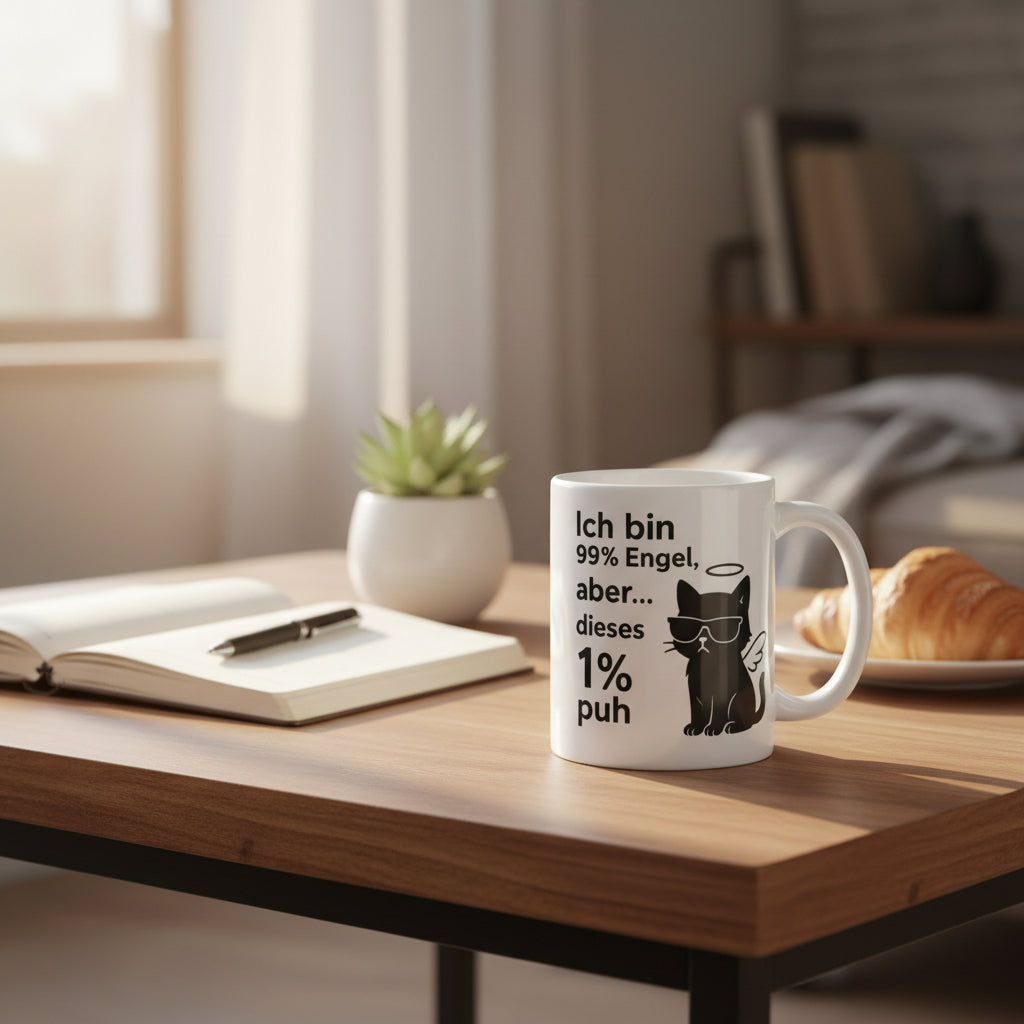 Ich bin 99% Engel aber 1% puh – Lustige Katze mit Spruch Geschenkidee für Humor Fans - Tassencat