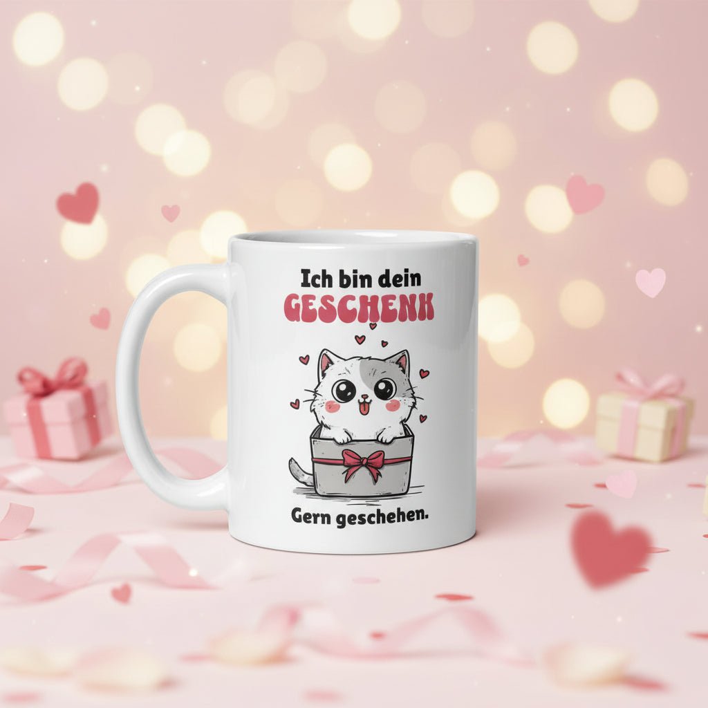 Ich bin dein Geschenk gern geschehen – süße Katze in Geschenkbox, lustige Geschenkidee für Partner, Freunde & Lieblingsmenschen - Tassencat