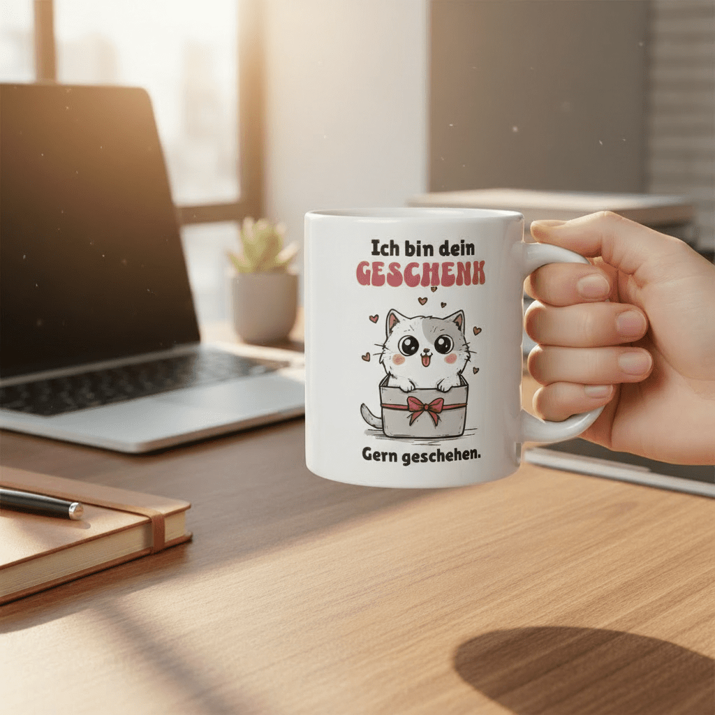 Ich bin dein Geschenk gern geschehen – süße Katze in Geschenkbox, lustige Geschenkidee für Partner, Freunde & Lieblingsmenschen - Tassencat