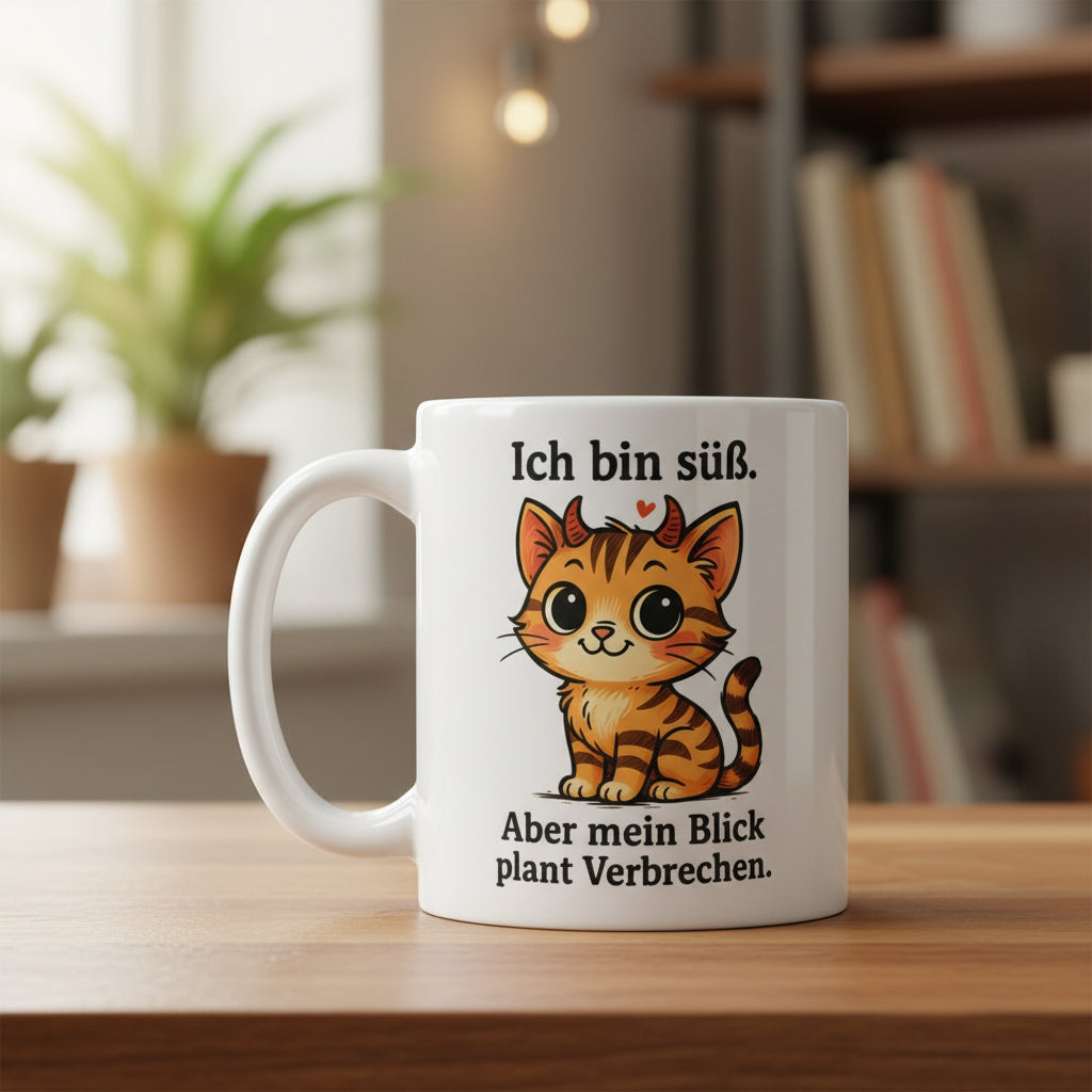 Ich bin süß aber mein Blick plant Verbrechen – Lustige Teufel Katze Spruch Geschenk für Katzenfans - Tassencat