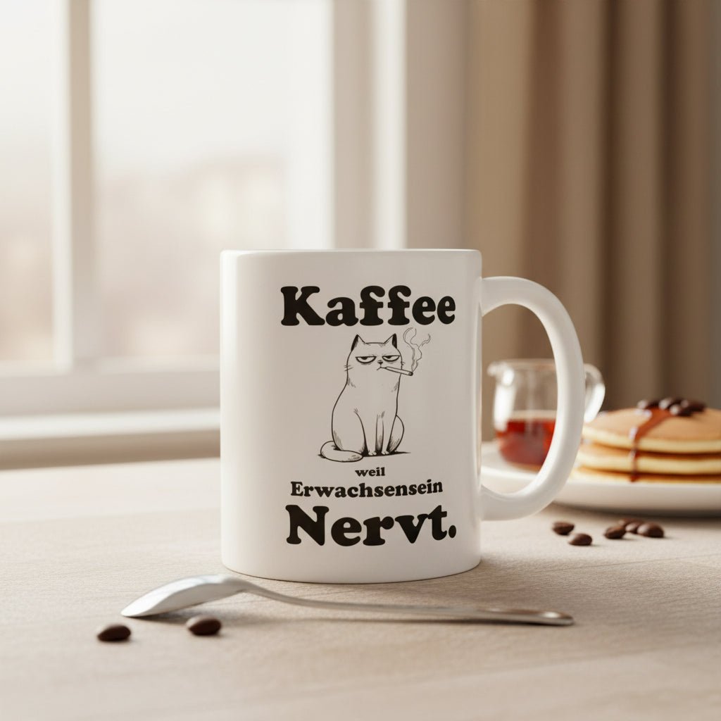 Kaffee weil Erwachsensein nervt – genervte Katze mit Zigarette, lustiger Spruch für Büro, Alltag & Kaffee - Fans - Tassencat