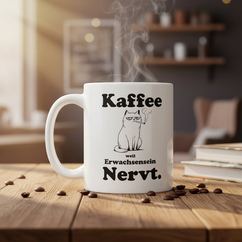Kaffee weil Erwachsensein nervt – genervte Katze mit Zigarette, lustiger Spruch für Büro, Alltag & Kaffee - Fans - Tassencat