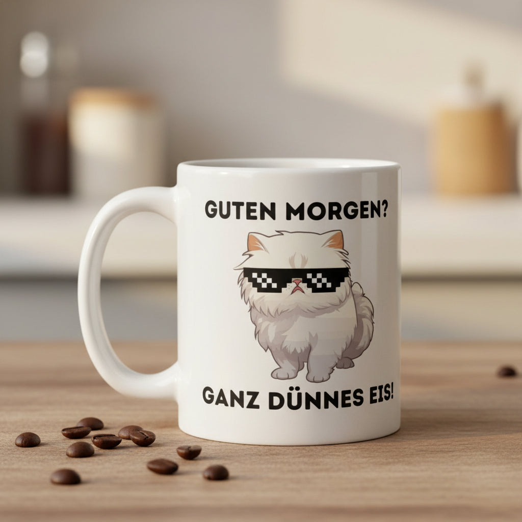 Katzen Tasse Lustig – Guten Morgen? Ganz Dünnes Eis! – Witzige Geschenkidee für Morgenmuffel, Büro & Katzenliebhaber - Tassencat