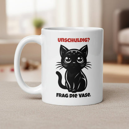 Katzen Tasse Lustig – Unschuldig? Frag die Vase – Humorvolles Geschenk für Katzenfreunde & Morgenkaffee - Tassencat