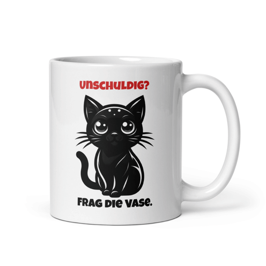 Katzen Tasse Lustig – Unschuldig? Frag die Vase – Humorvolles Geschenk für Katzenfreunde & Morgenkaffee - Tassencat