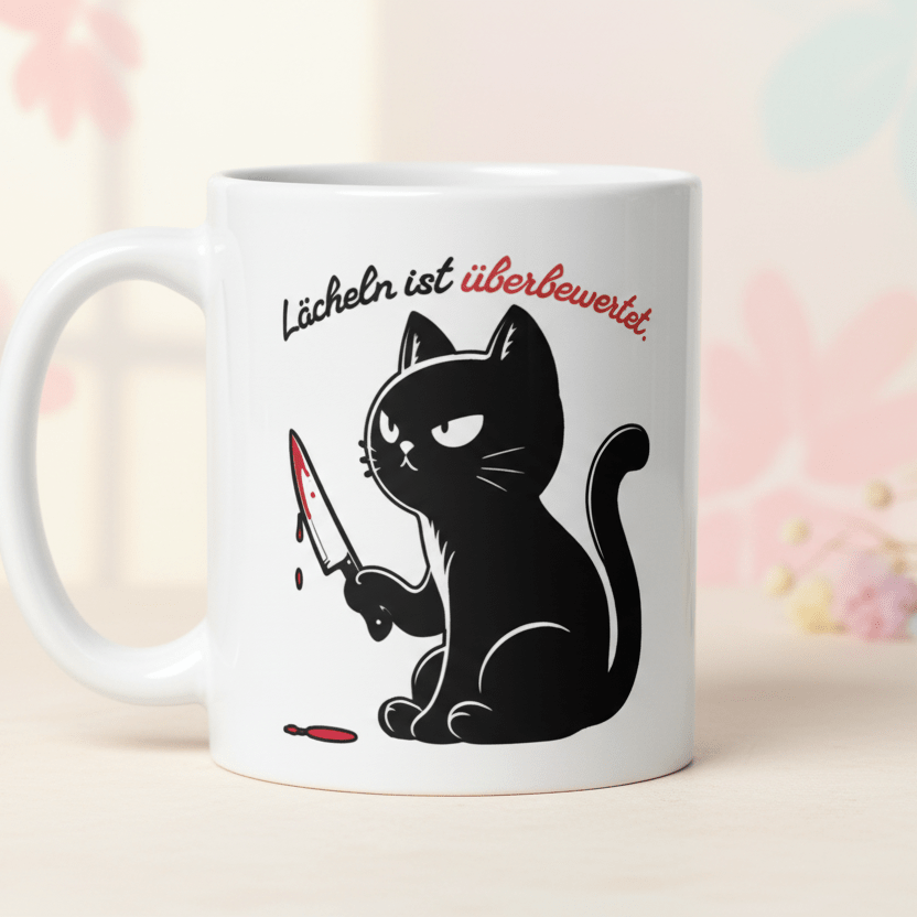 Lächeln ist überbewertet – schwarze Grumpy Katze mit Messer – schwarzer Humor Geschenk für Sarkasmus Fans - Tassencat