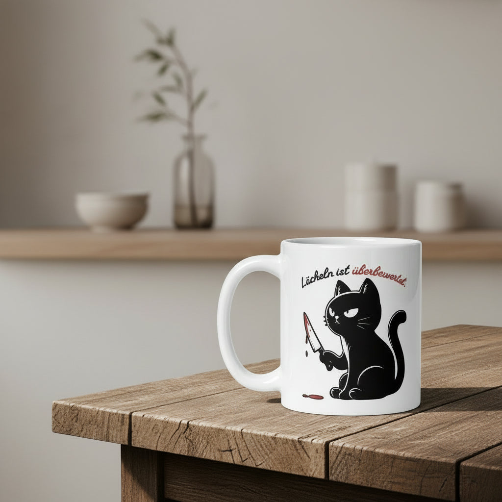 Lächeln ist überbewertet – schwarze Grumpy Katze mit Messer – schwarzer Humor Geschenk für Sarkasmus Fans - Tassencat