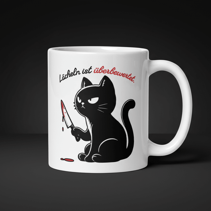 Lächeln ist überbewertet – schwarze Grumpy Katze mit Messer – schwarzer Humor Geschenk für Sarkasmus Fans - Tassencat