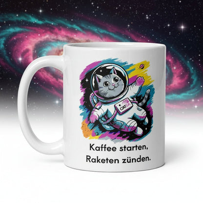 Lustige Astronauten - Katze Tasse – „Kaffee starten, Raketen zünden“ – Geschenkidee für Katzenliebhaber & Kaffee - Fans - Tassencat