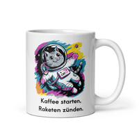 Lustige Astronauten - Katze Tasse – „Kaffee starten, Raketen zünden“ – Geschenkidee für Katzenliebhaber & Kaffee - Fans - Tassencat