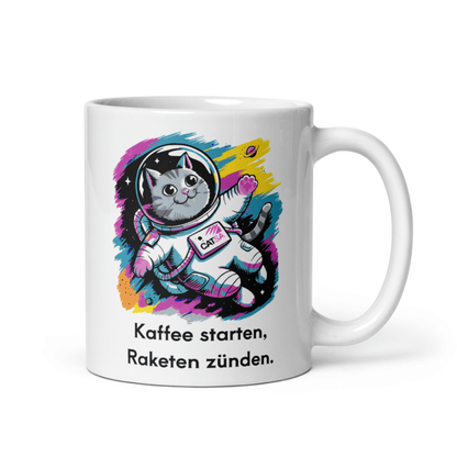 Lustige Astronauten - Katze Tasse – „Kaffee starten, Raketen zünden“ – Geschenkidee für Katzenliebhaber & Kaffee - Fans - Tassencat
