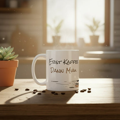 Lustige Katzen Spruch Tasse – Erst Kaffee Dann Miau Design Geschenk für Katzenliebhaber Humor Kaffee Motivation - Tassencat