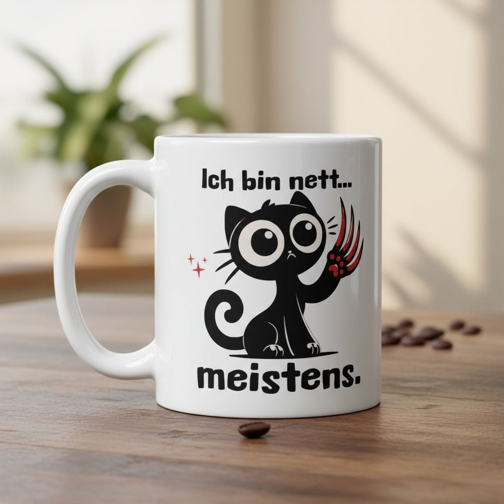 Lustige Katzen Tasse „Ich bin nett… meistens.“ – Humor Geschenkidee für Katzenliebhaber & Kollegen - Tassencat