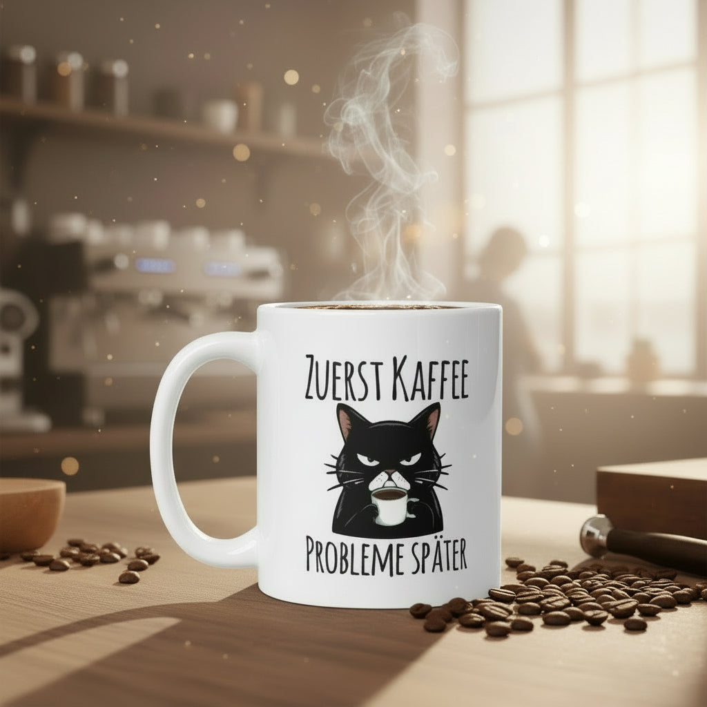 Lustige Katzen Tasse – „Zuerst Kaffee, Probleme später“ – Geschenkidee für Morgenmuffel & Katzenfans - Tassencat