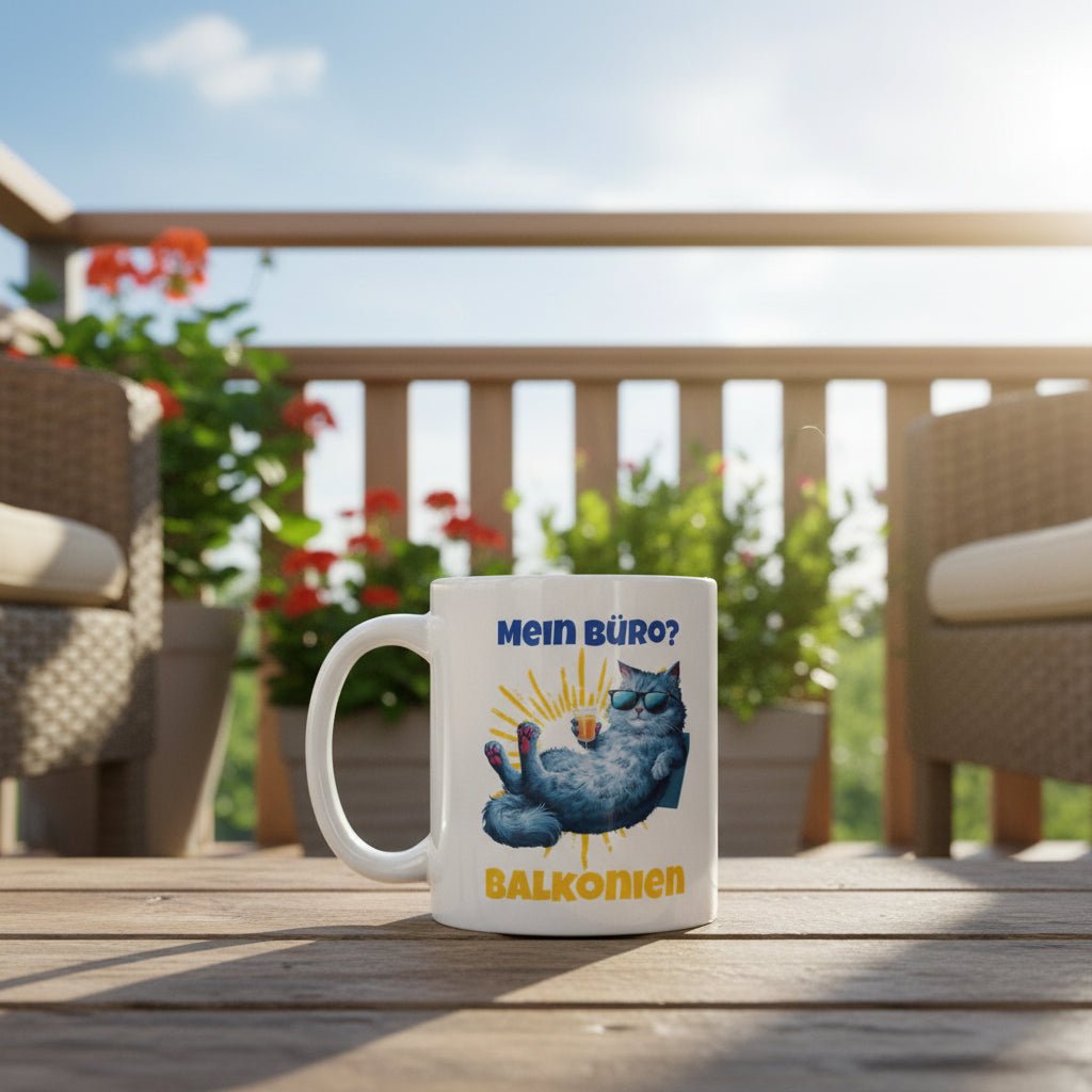 Mein Büro? Balkonien – Lustige Katzen - Tasse für Urlaubsfeeling - Tassencat
