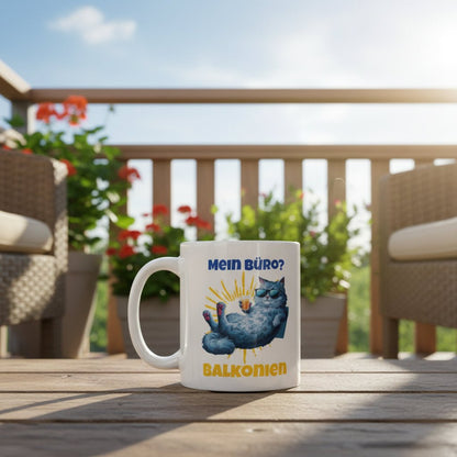 Mein Büro? Balkonien – Lustige Katzen - Tasse für Urlaubsfeeling - Tassencat