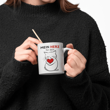 Mein Herz für dich – süßes Katzen Motiv mit rotem Herz, romantische Geschenkidee für Partner, Freundin, Freund & Lieblingsmensch - Tassencat