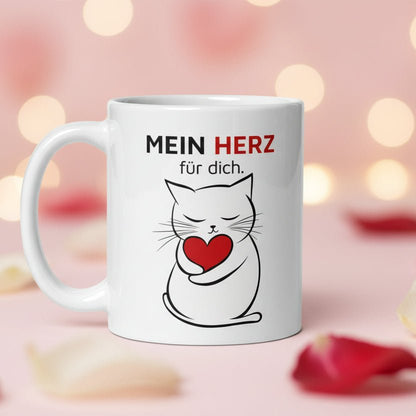Mein Herz für dich – süßes Katzen Motiv mit rotem Herz, romantische Geschenkidee für Partner, Freundin, Freund & Lieblingsmensch - Tassencat