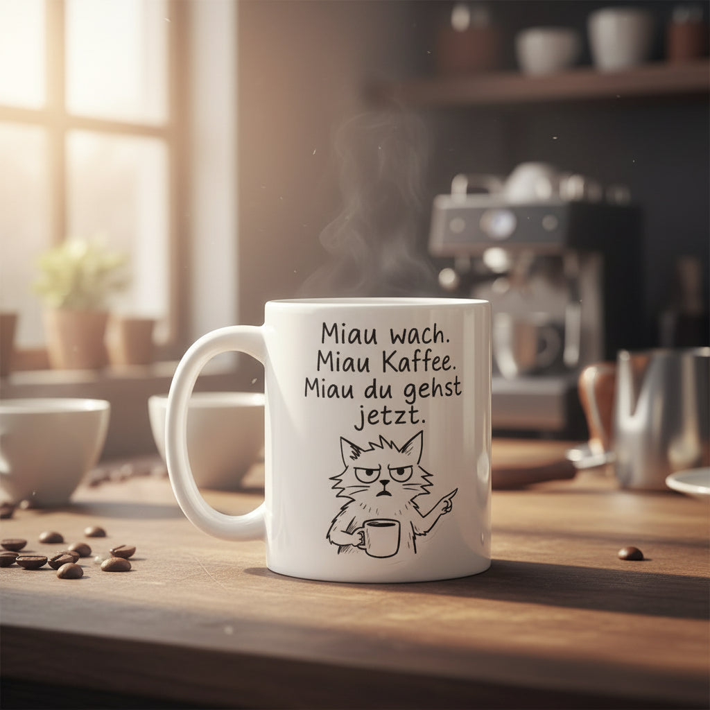 Miau wach Miau Kaffee Miau du gehst jetzt – Lustiger Katzen Spruch für Büro & Morgenmuffel - Tassencat