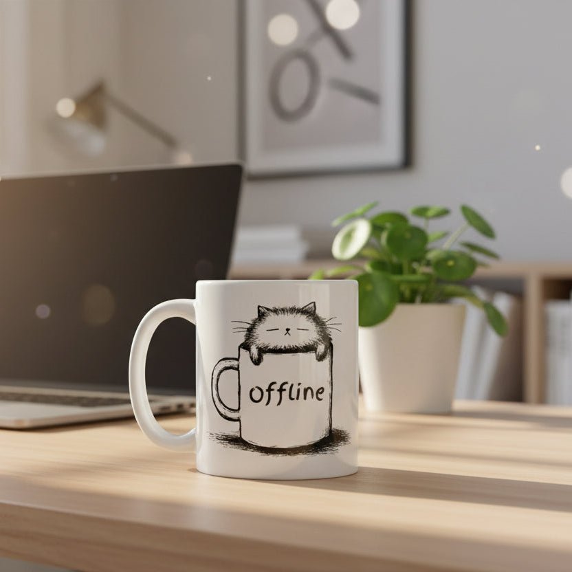 Offline – müde Katze Minimalmotiv | Digital Detox Spruch, Ruhe & Pause Statement Geschenkidee - Tassencat
