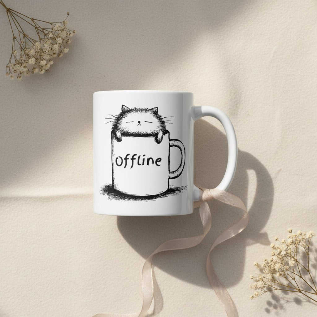 Offline – müde Katze Minimalmotiv | Digital Detox Spruch, Ruhe & Pause Statement Geschenkidee - Tassencat