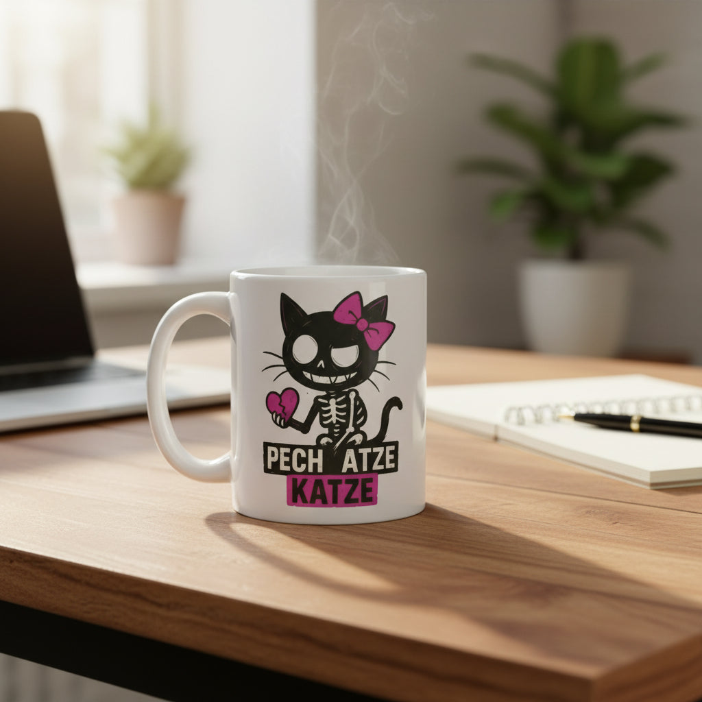 Pech Atze Katze – Skelett Katze mit gebrochenem Herz, schwarzer Humor Geschenk - Tassencat