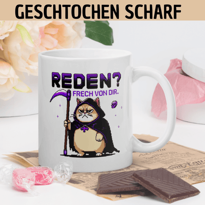 „Reden? Frech von dir“ – Lustige Katzen - Tasse für alle Anti - Smalltalk - Helden - Tassencat