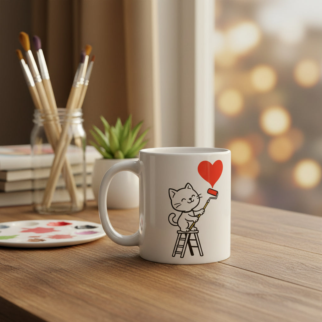 Süße Katze malt Herz – Liebe Tasse für Partner, Katzenfans & Valentinstag Geschenk - Tassencat