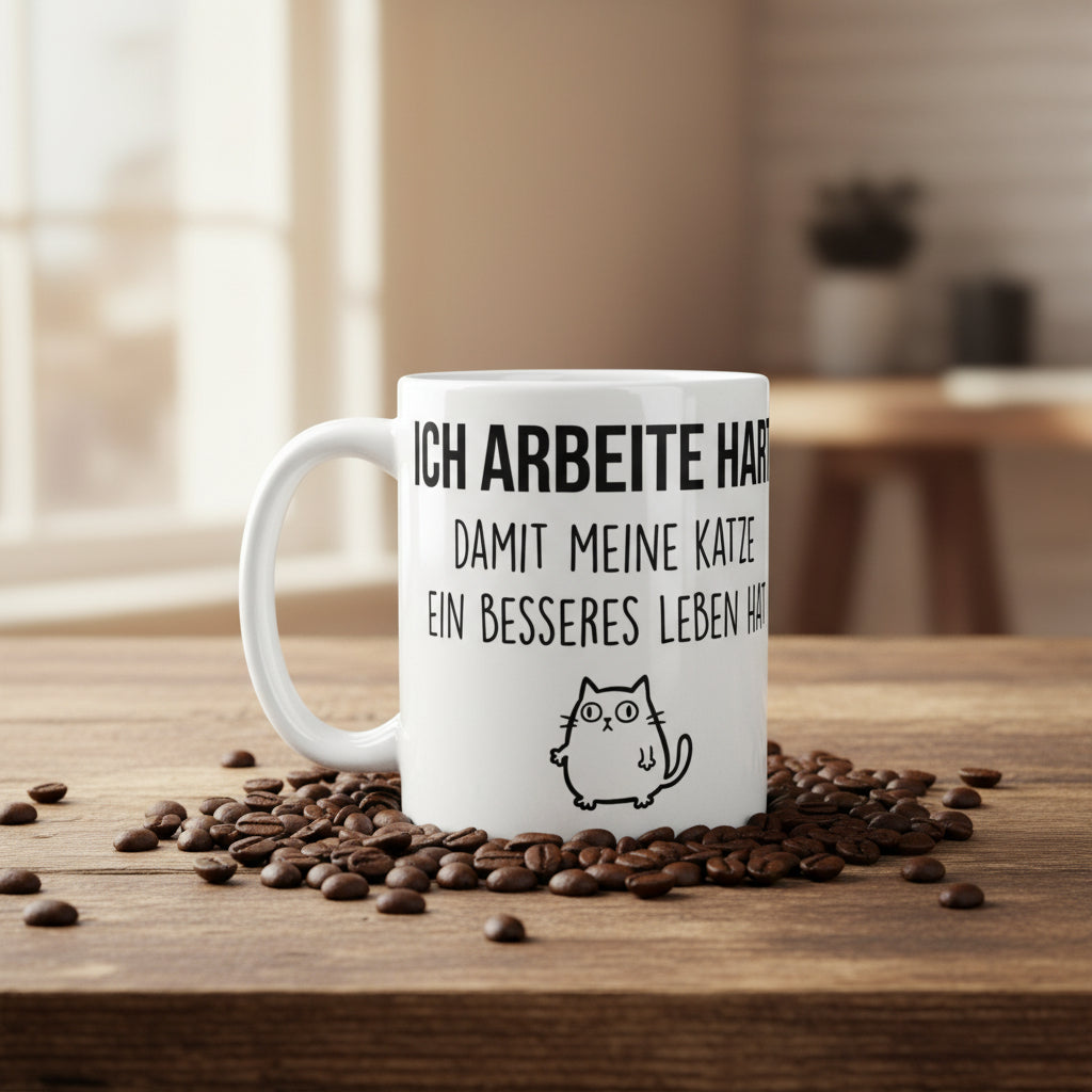 Weiße Katzen Tasse mit lustigem Spruch Ich arbeite hart damit meine Katze ein besseres Leben hat für Katzenliebhaber und Tierfreunde