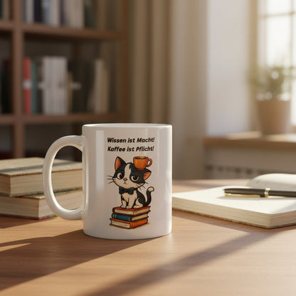 Wissen ist Macht – Kaffee ist Pflicht – Lustiges Katzenmotiv für Lehrer, Studenten & Büro - Tassencat